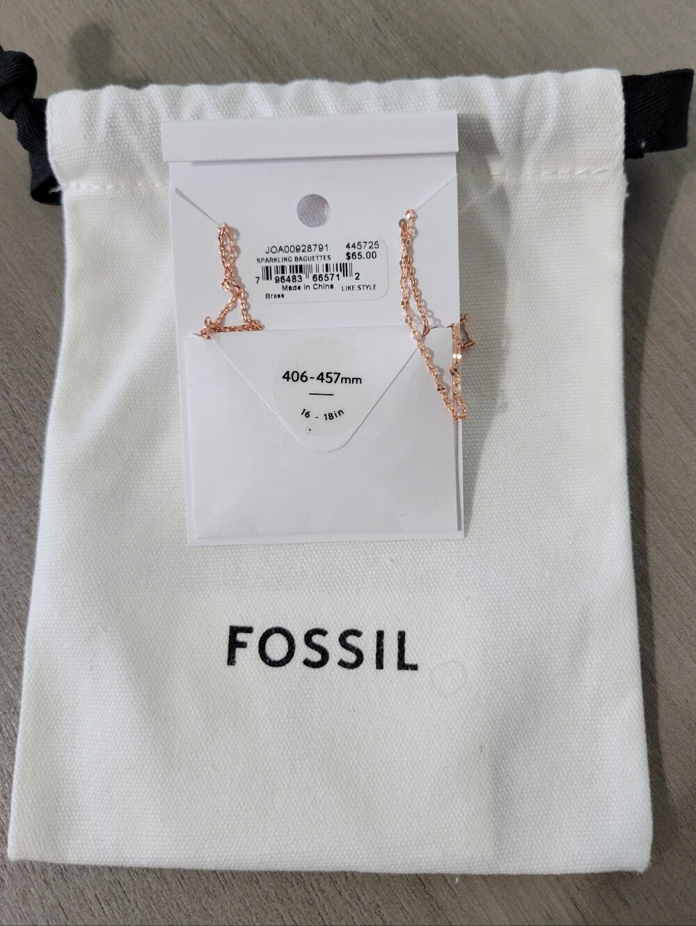 Fossil Rose-Tone Crystal Bar 18" Necklace and Dust Gift Bag NEW - Picture 4 of 5